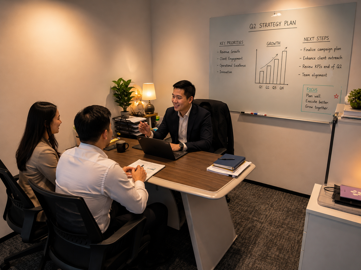 Advisory team discussing a quarterly strategy plan with clients